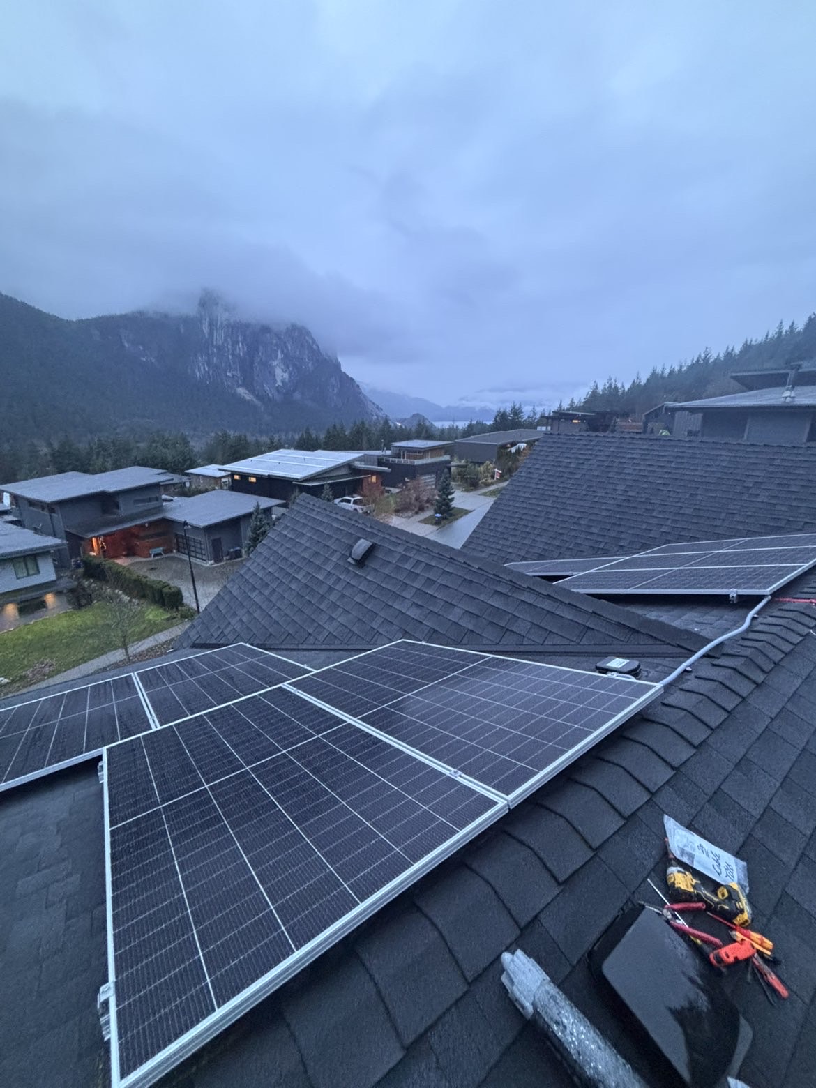 Solar panels on a roof in the Sea to Sky corridor